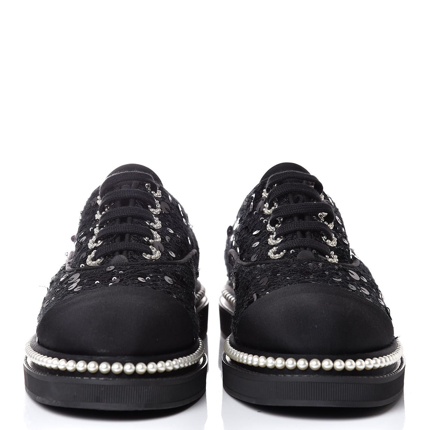 Tweed Grosgrain Sequin Pearl Lace Up Sneakers 42 Black