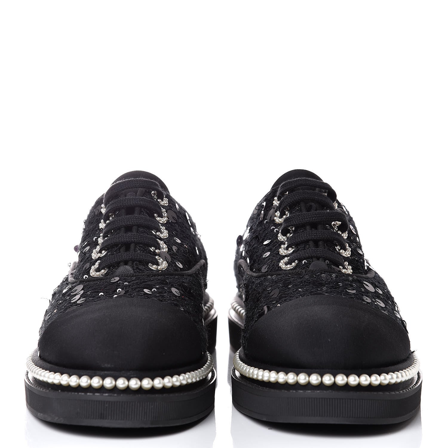 Chanel Tweed Grosgrain Sequin Pearl Lace Up Sneakers 42 Black 2 of 10