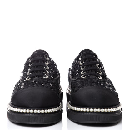 Chanel Tweed Grosgrain Sequin Pearl Lace Up Sneakers 42 Black 2 of 10