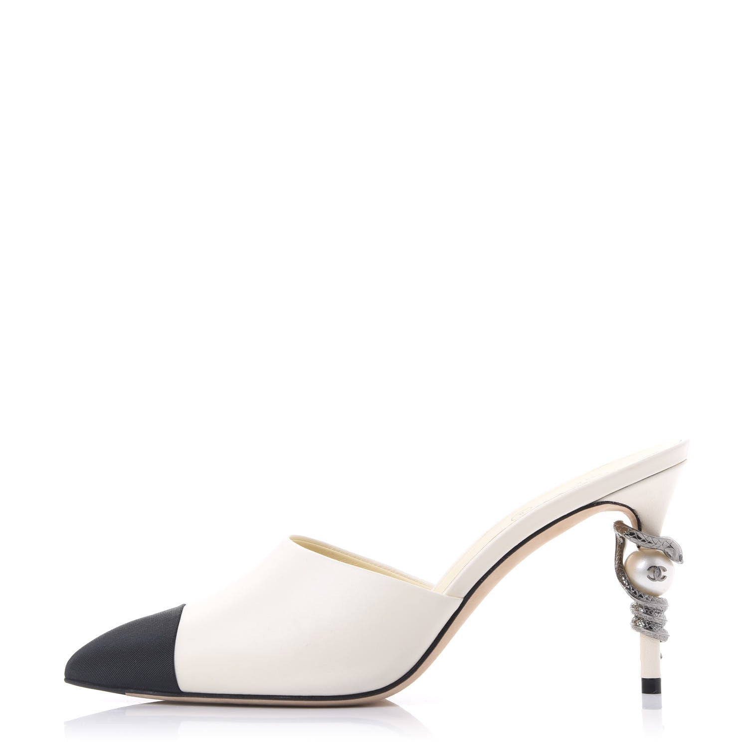 Chanel Goatskin Grosgrain Cap Toe Snake Pearl Mule 38.5 Beige Black 1 of 8