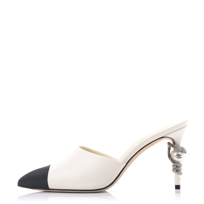 Chanel Goatskin Grosgrain Cap Toe Snake Pearl Mule 38.5 Beige Black 1 of 8