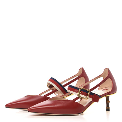 Gucci Malaga Kid Grosgrain Sylvie Web Bamboo Low Heel Pumps 38 Red 2 of 8