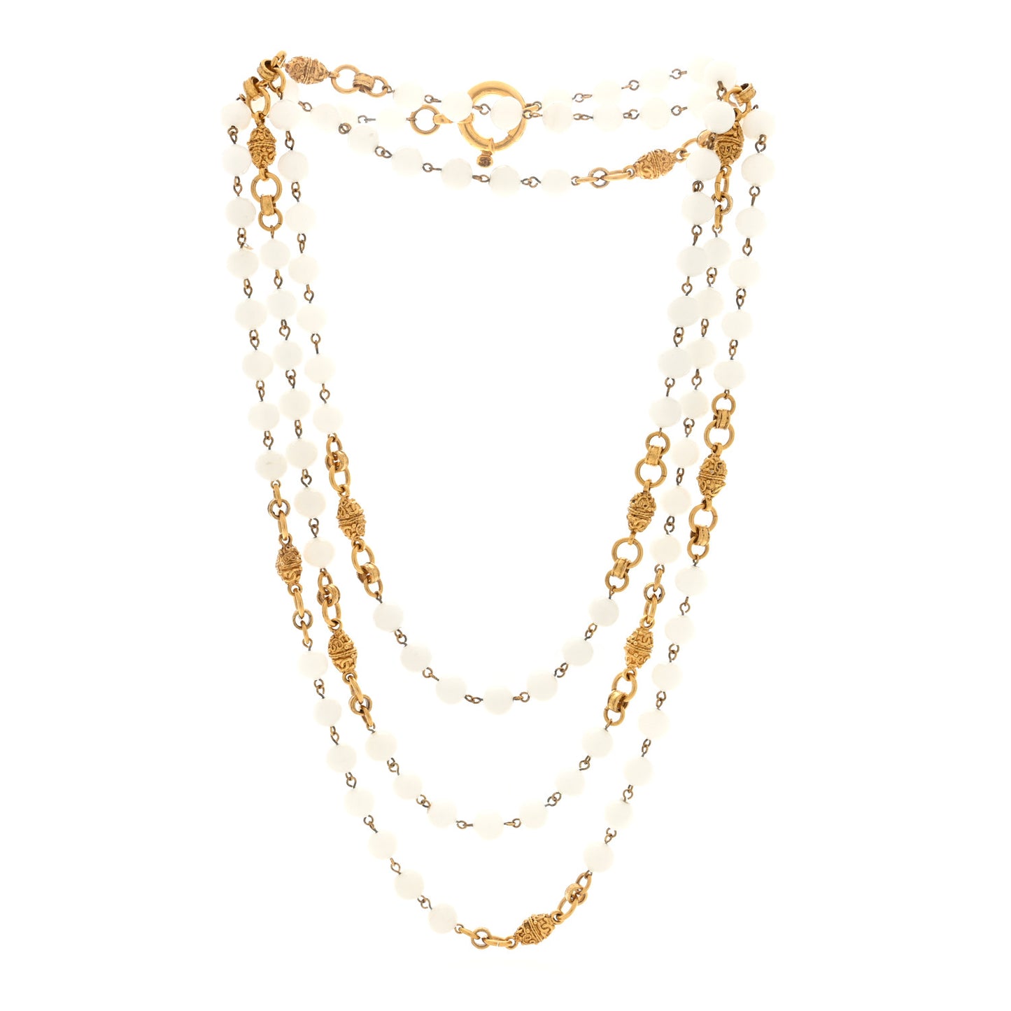Marble Bead CC Long Necklace Gold White