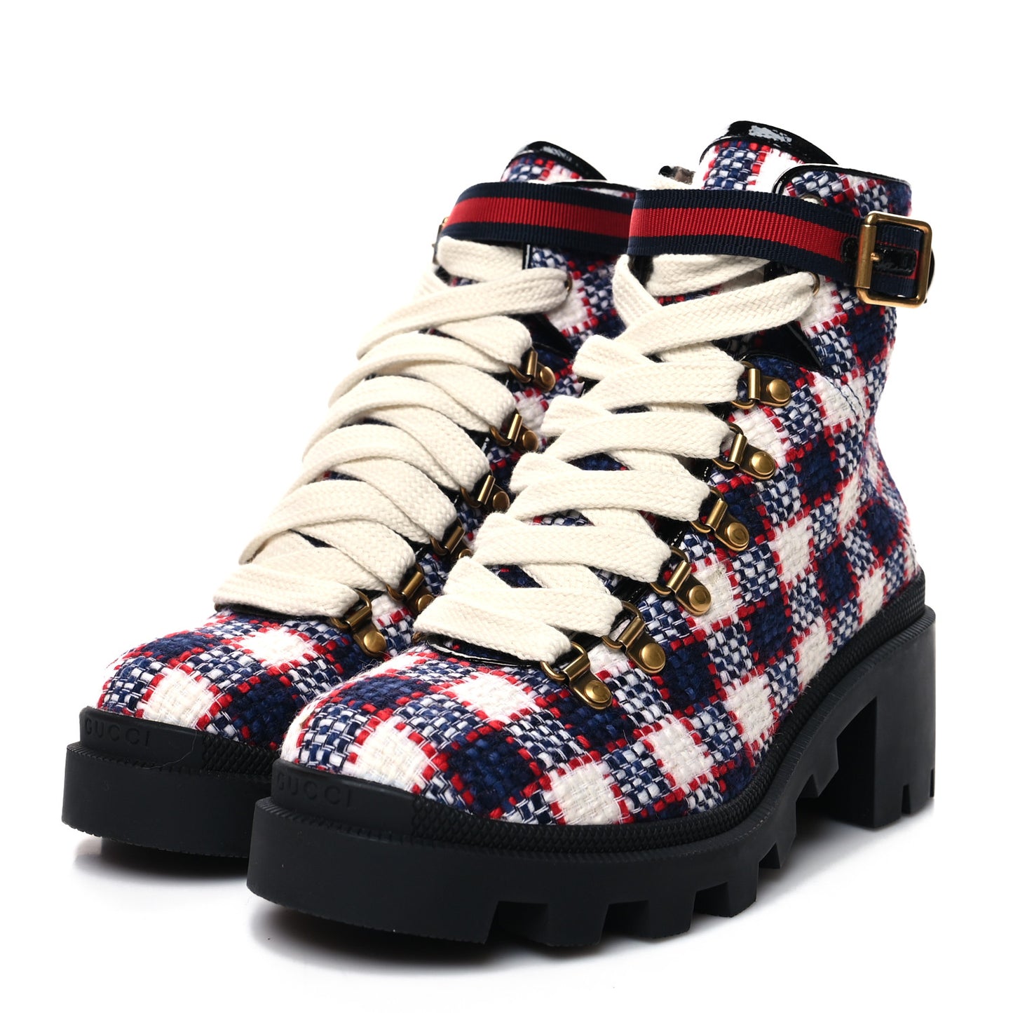 Vintage Tweed Check Lace Up Combat Ankle Boots 38.5 White Hibiscus Red Marine
