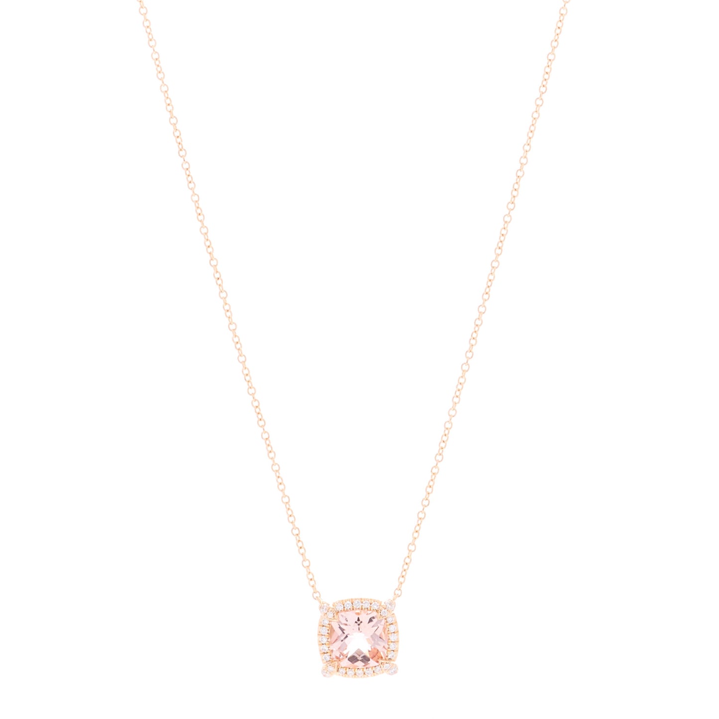 18K Rose Gold Diamond Morganite 7mm Petite Chatelaine Pave Bezel Pendant Necklace