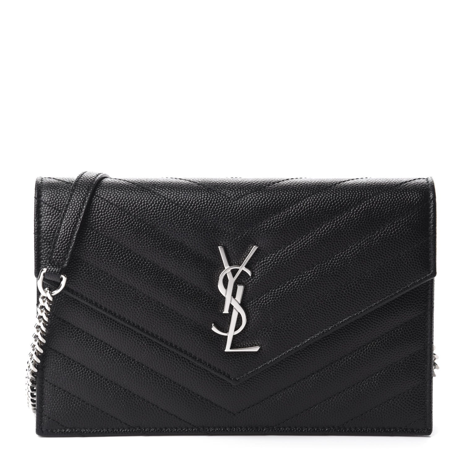 Saint Laurent Grain De Poudre Matelasse Chevron Monogram Envelope Chain Wallet Black 1 of 11