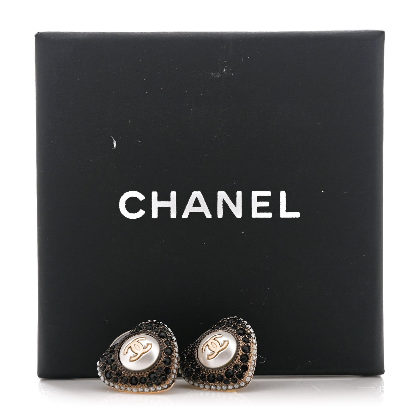 Pearl Crystal CC Heart Earrings Gold Black