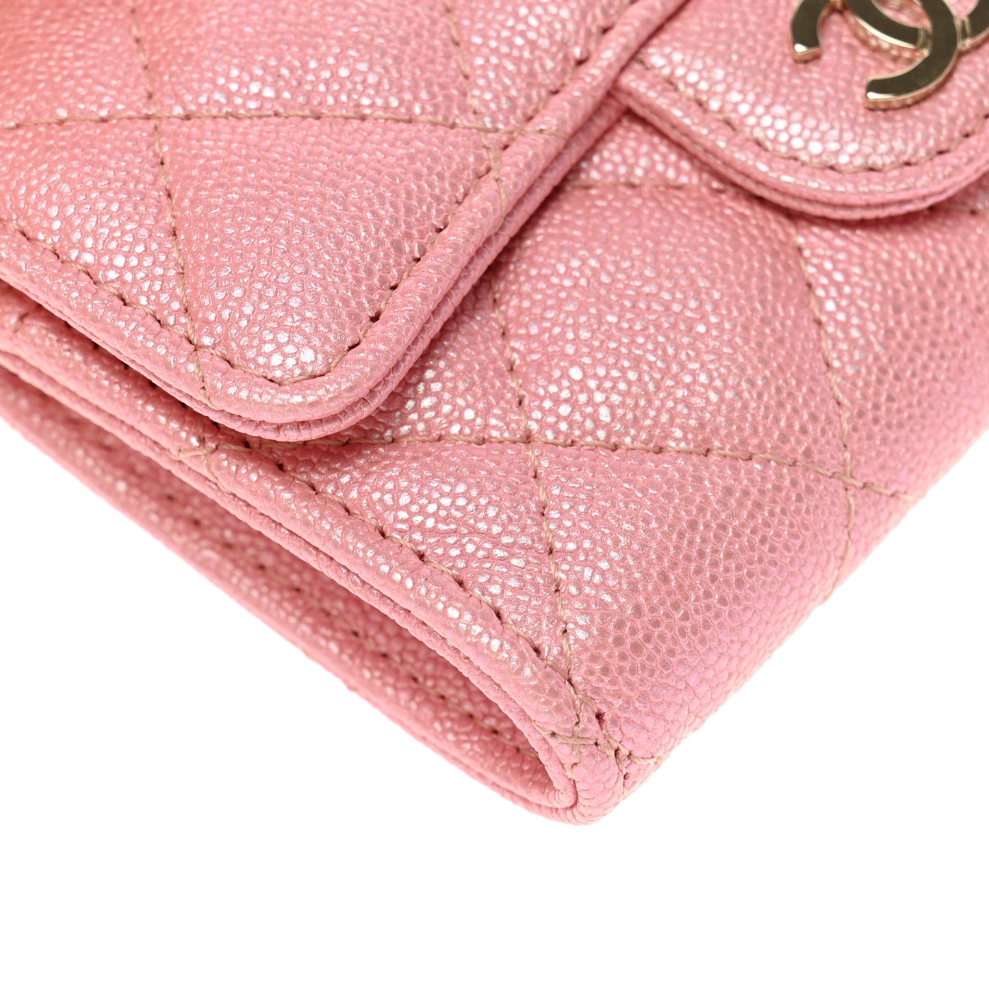 Iridescent Caviar Quilted Flap Card Holder Rose Pink