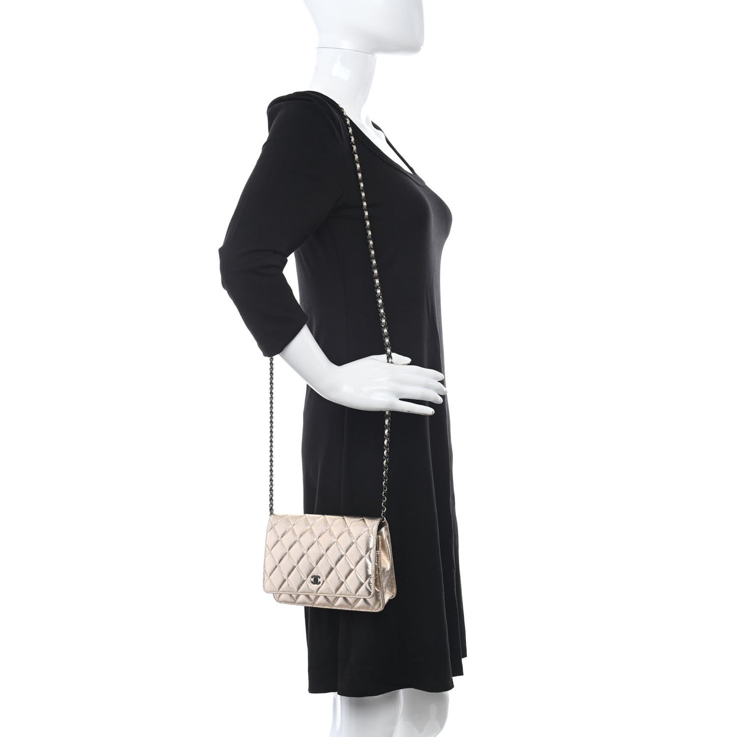 Metallic Lambskin Quilted Wallet On Chain WOC Gold Black