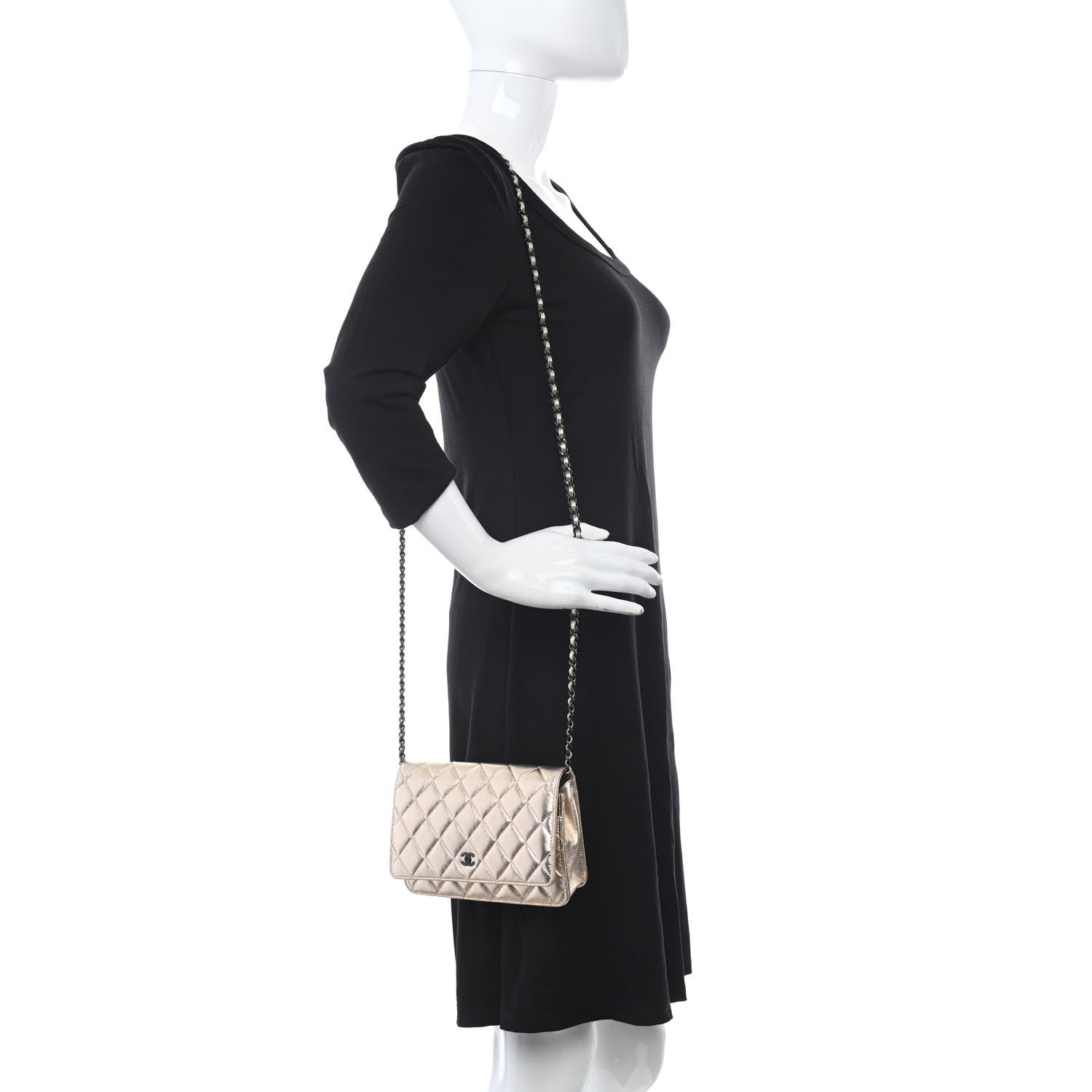 Chanel Metallic Lambskin Quilted Wallet On Chain WOC Gold Black 2 of 18