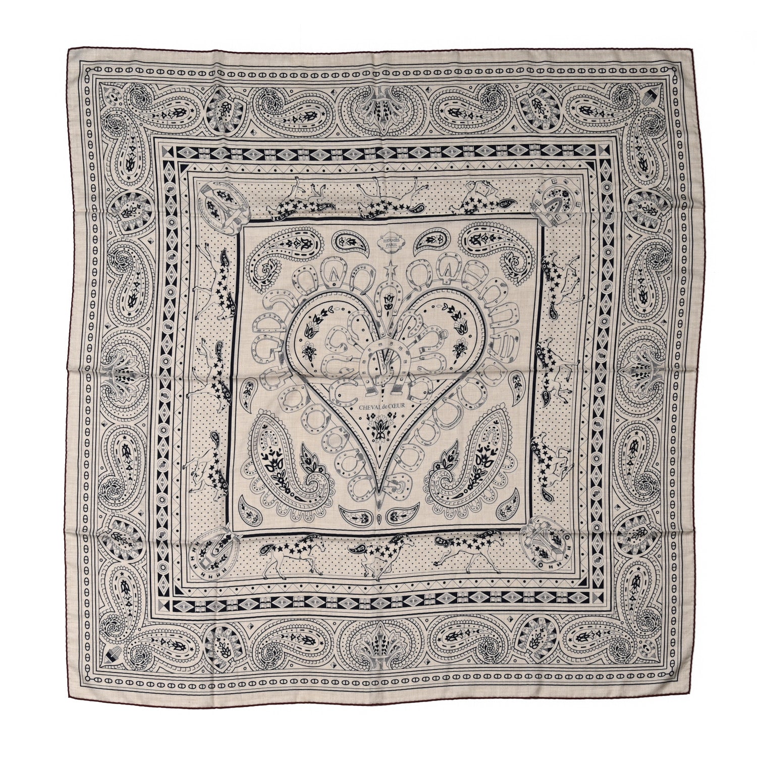 Hermes Cashmere Silk Cheval De Coeur Bandana Shawl 140 Naturel Marine 1 of 5