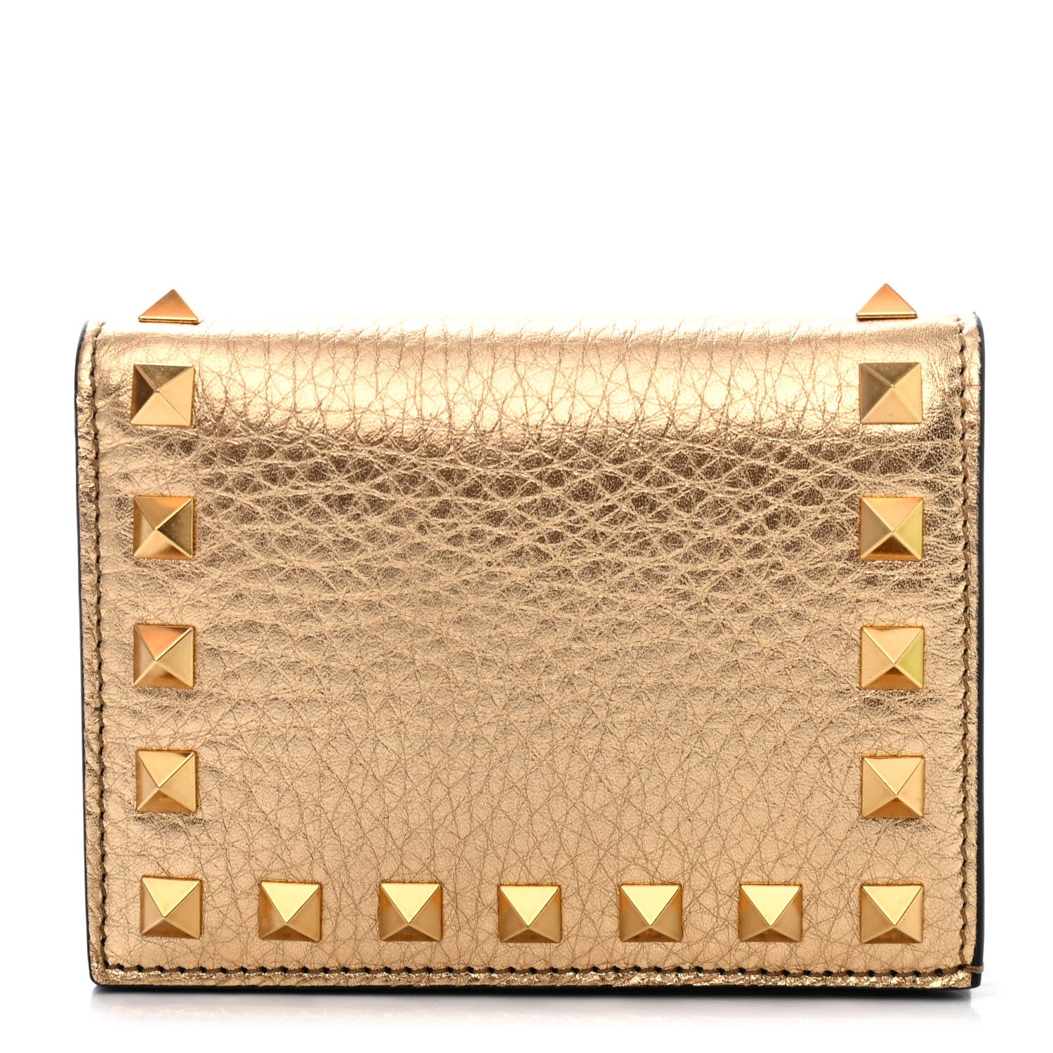 Valentino Garavani Metallic Pebbled Calfskin Rockstud French Flap Wallet Antique Brass 1 of 4