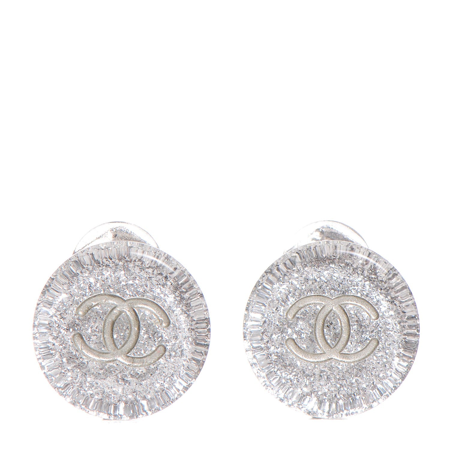Chanel Translucent Resin Glitter CC Clip On Earrings Silver 1 of 5