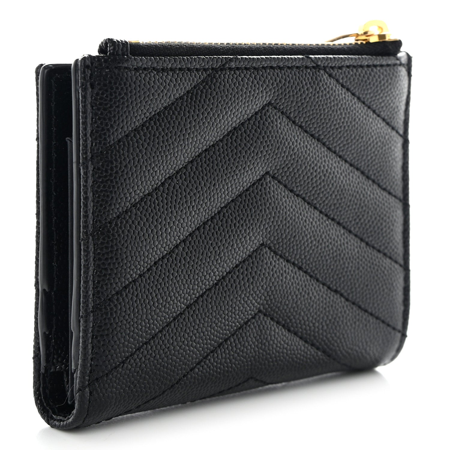 Saint Laurent Grain De Poudre Matelasse Chevron Monogram Zipped Card Case Black 3 of 11