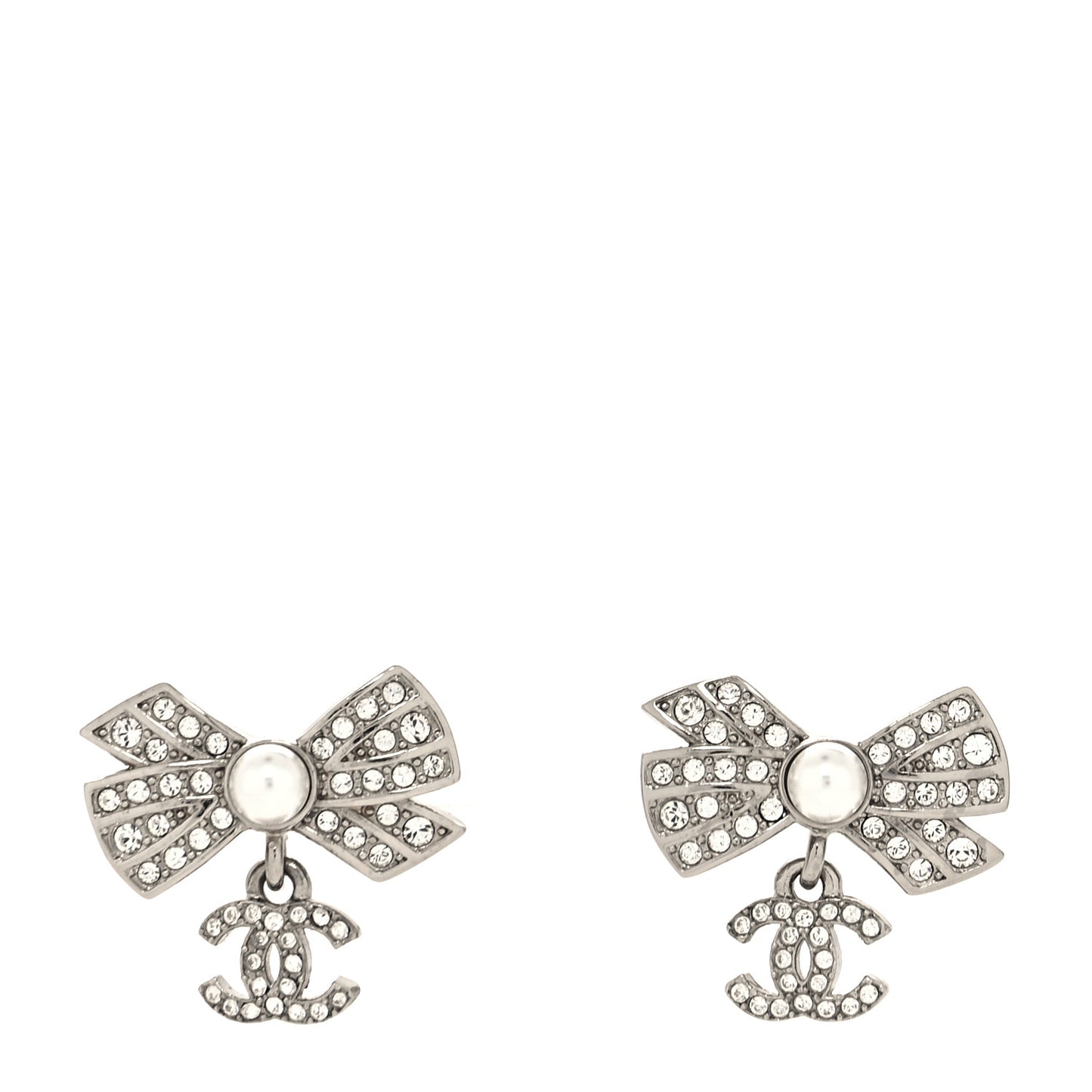 Crystal CC Bow Drop Earrings Silver