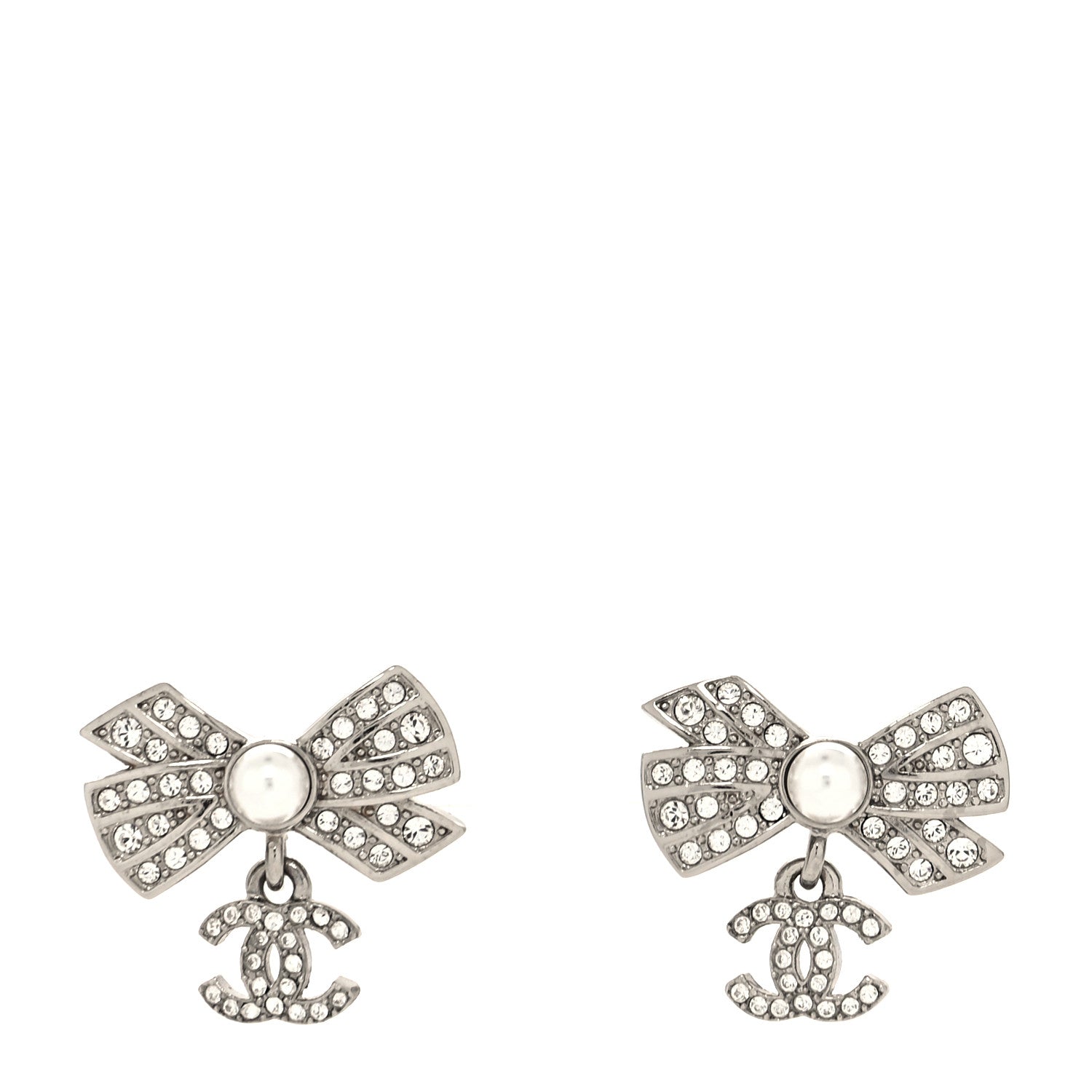 Chanel Crystal CC Bow Drop Earrings Silver 1 of 4