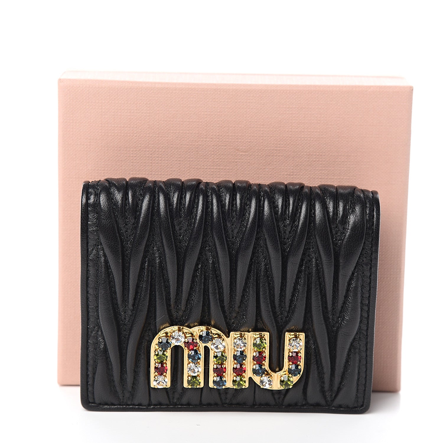 Miu Miu Nappa Matelasse Crystal Logo Compact Wallet Black 8 of 8