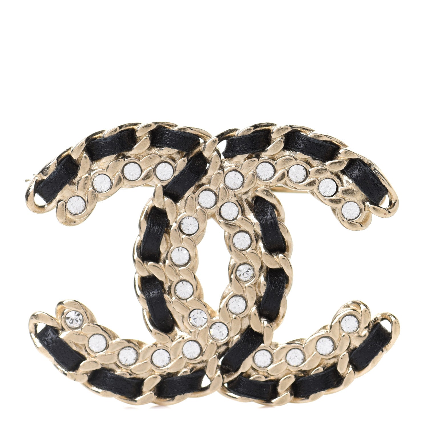 Chanel Lambskin Crystal Vintage Allure CC Chain Brooch Black Gold 1 of 5