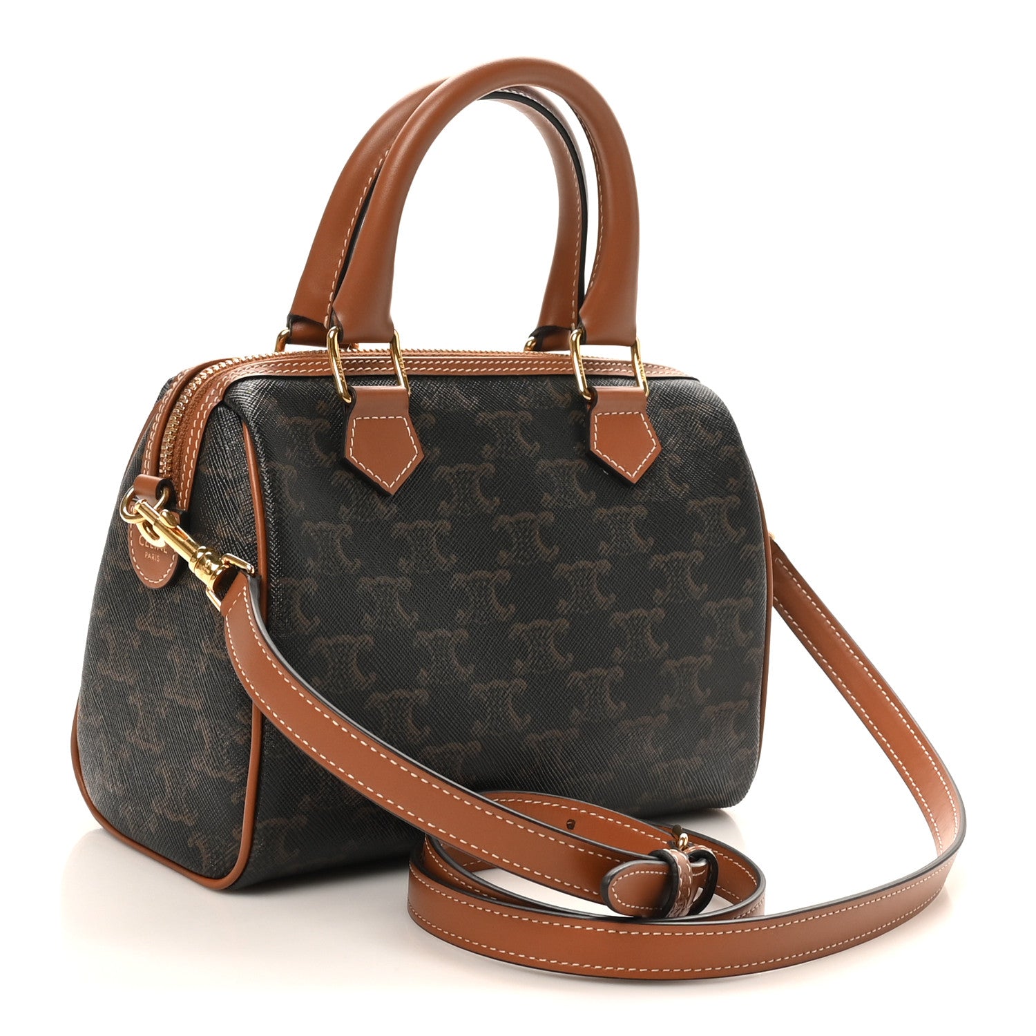 Celine Triomphe Canvas Calfskin Small Boston Bag Tan 3 of 9