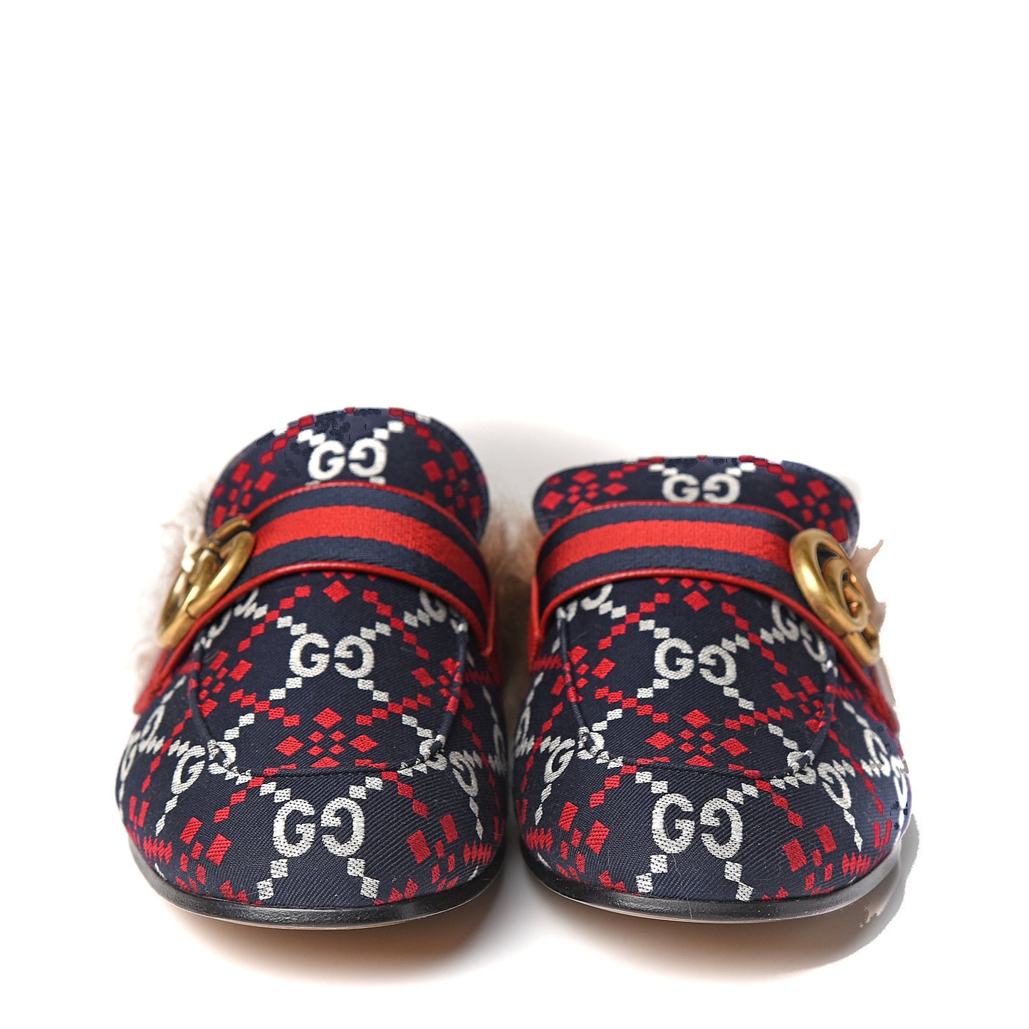 Canvas GG Monogram Diamond Fur Web GG Mens Princetown Slippers 8 Midnight Blue Hibiscus Red