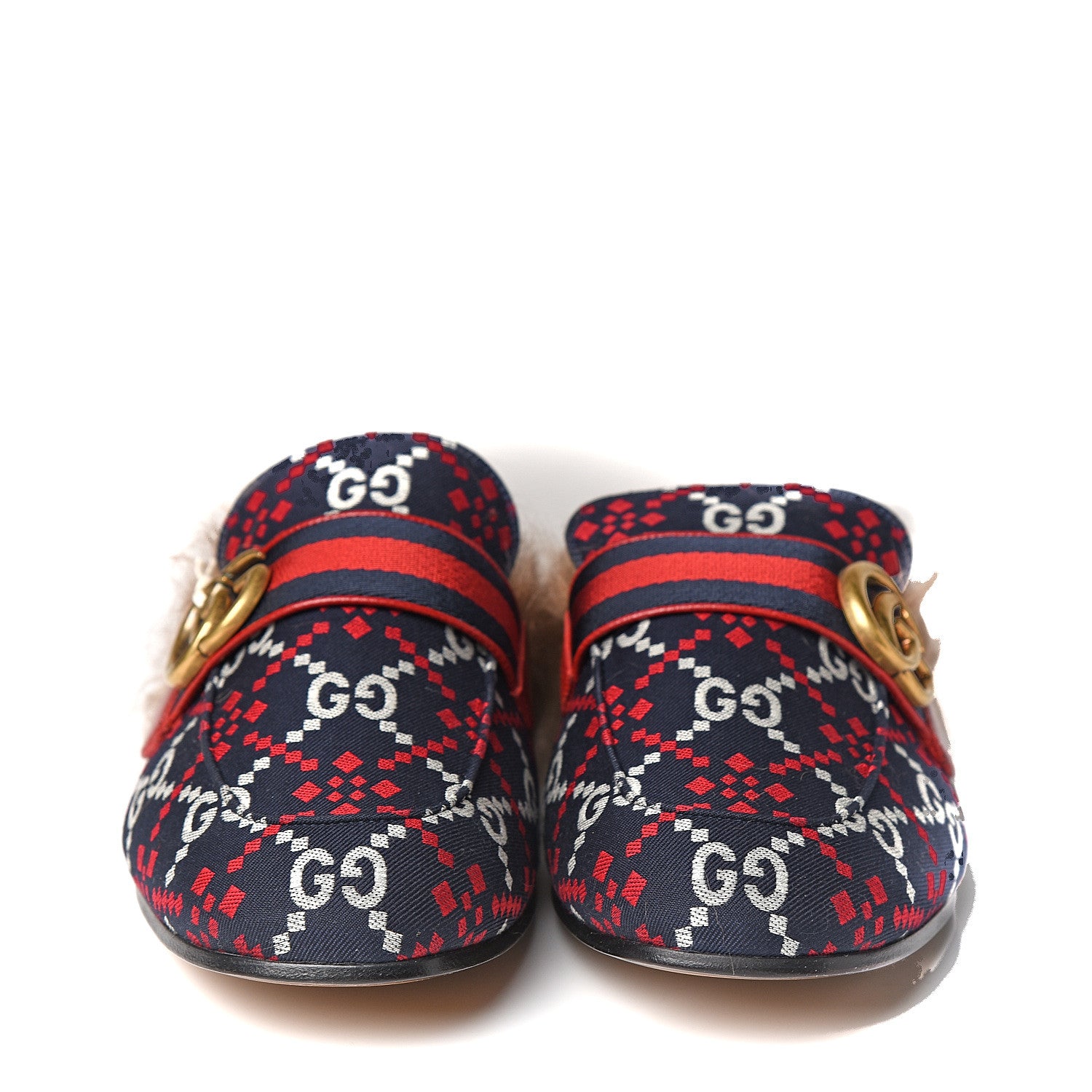 Gucci Canvas GG Monogram Diamond Fur Web GG Mens Princetown Slippers 8 Midnight Blue Hibiscus Red 2 of 9