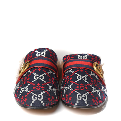 Gucci Canvas GG Monogram Diamond Fur Web GG Mens Princetown Slippers 8 Midnight Blue Hibiscus Red 2 of 9