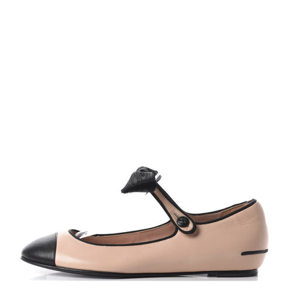 Chanel Lambskin Bow Mary Jane Ballerina Flats 38 Beige Black 1 of 10