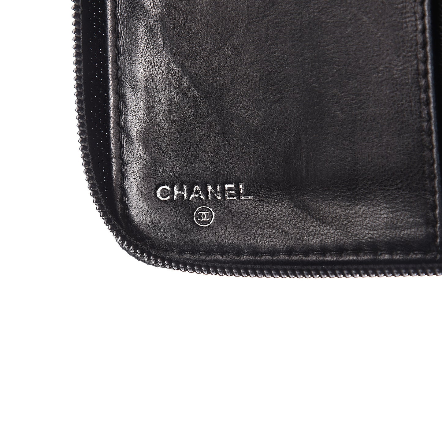 Lambskin Camellia Embossed Zip Around Organizer Wallet Black