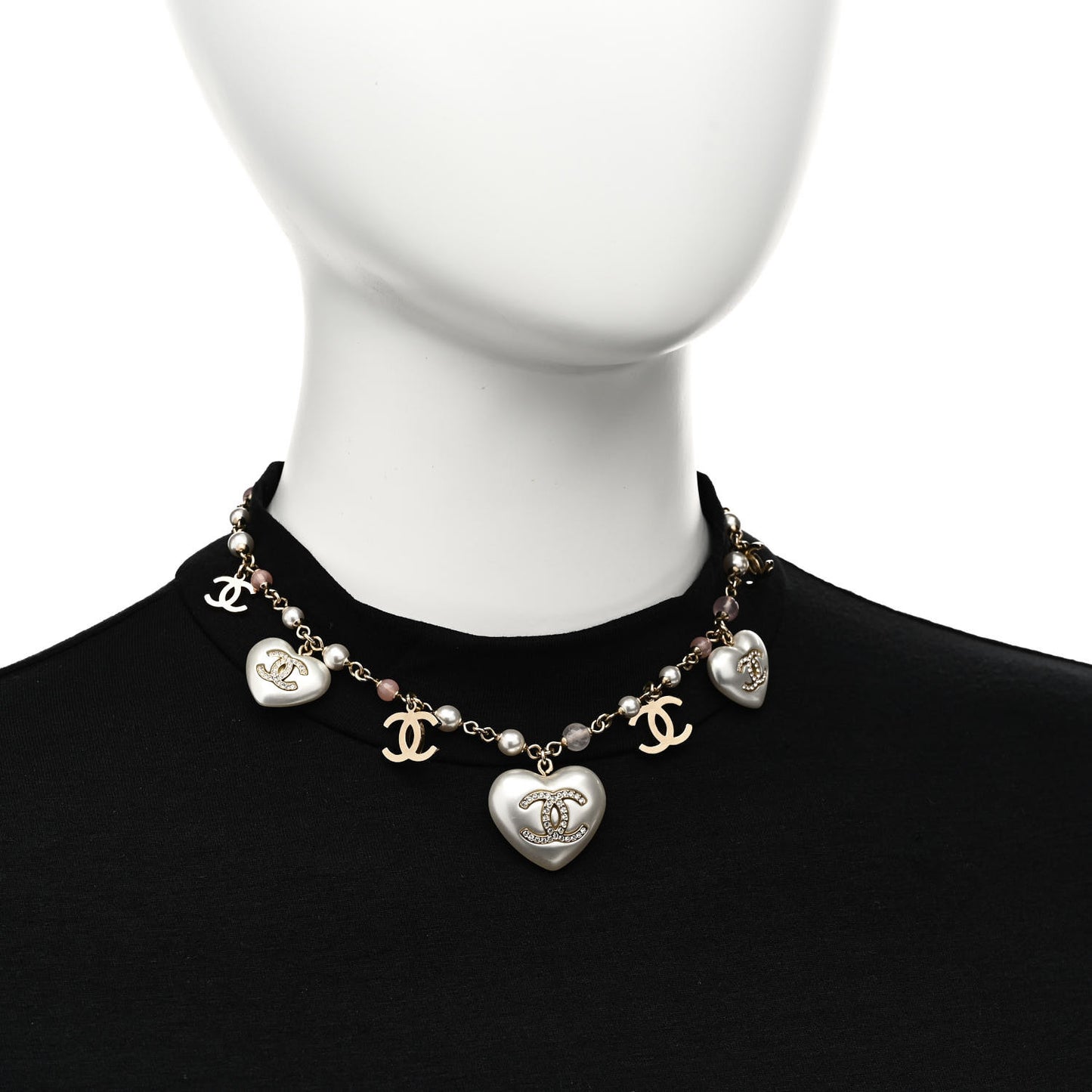 Pearl Crystal CC Heart Necklace Pearly White Gold