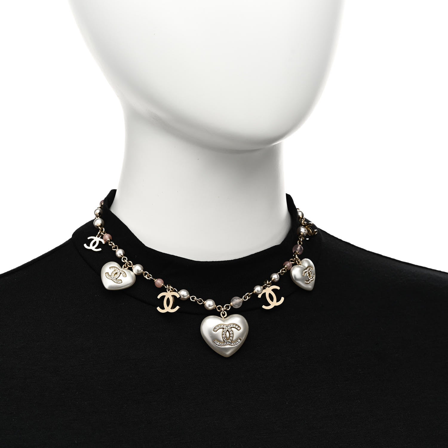 Chanel Pearl Crystal CC Heart Necklace Pearly White Gold 2 of 6