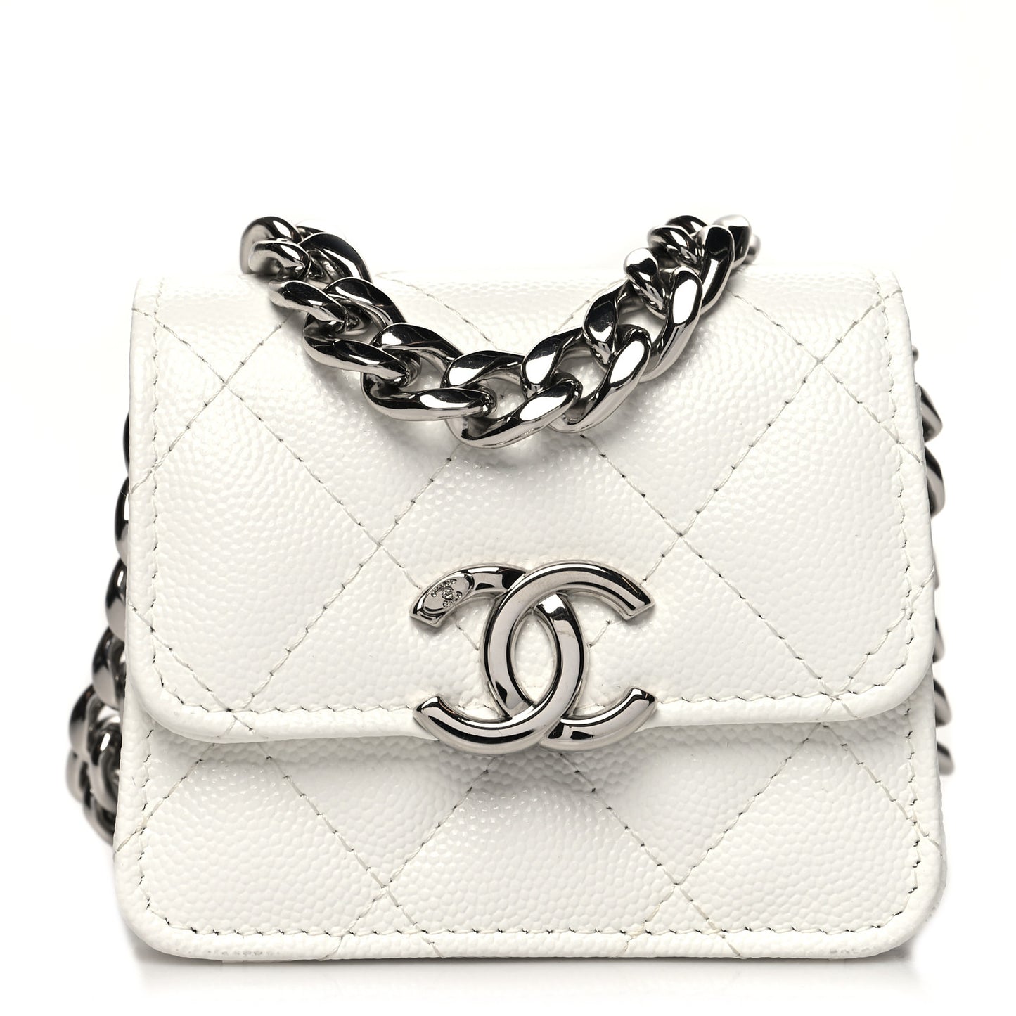 Caviar Quilted Enamel Coco Clutch With Chain White