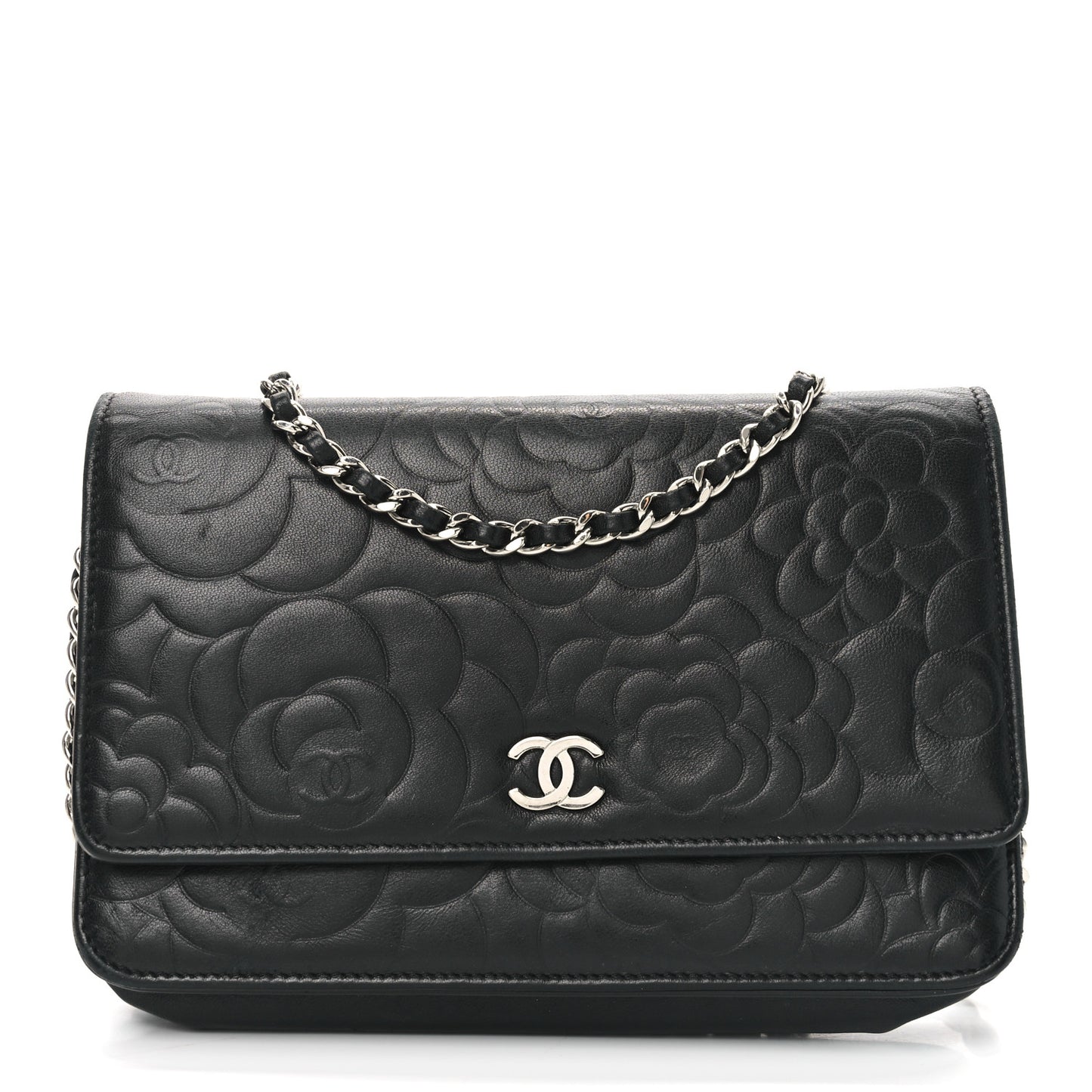Lambskin Camellia Embossed Wallet on Chain WOC Black