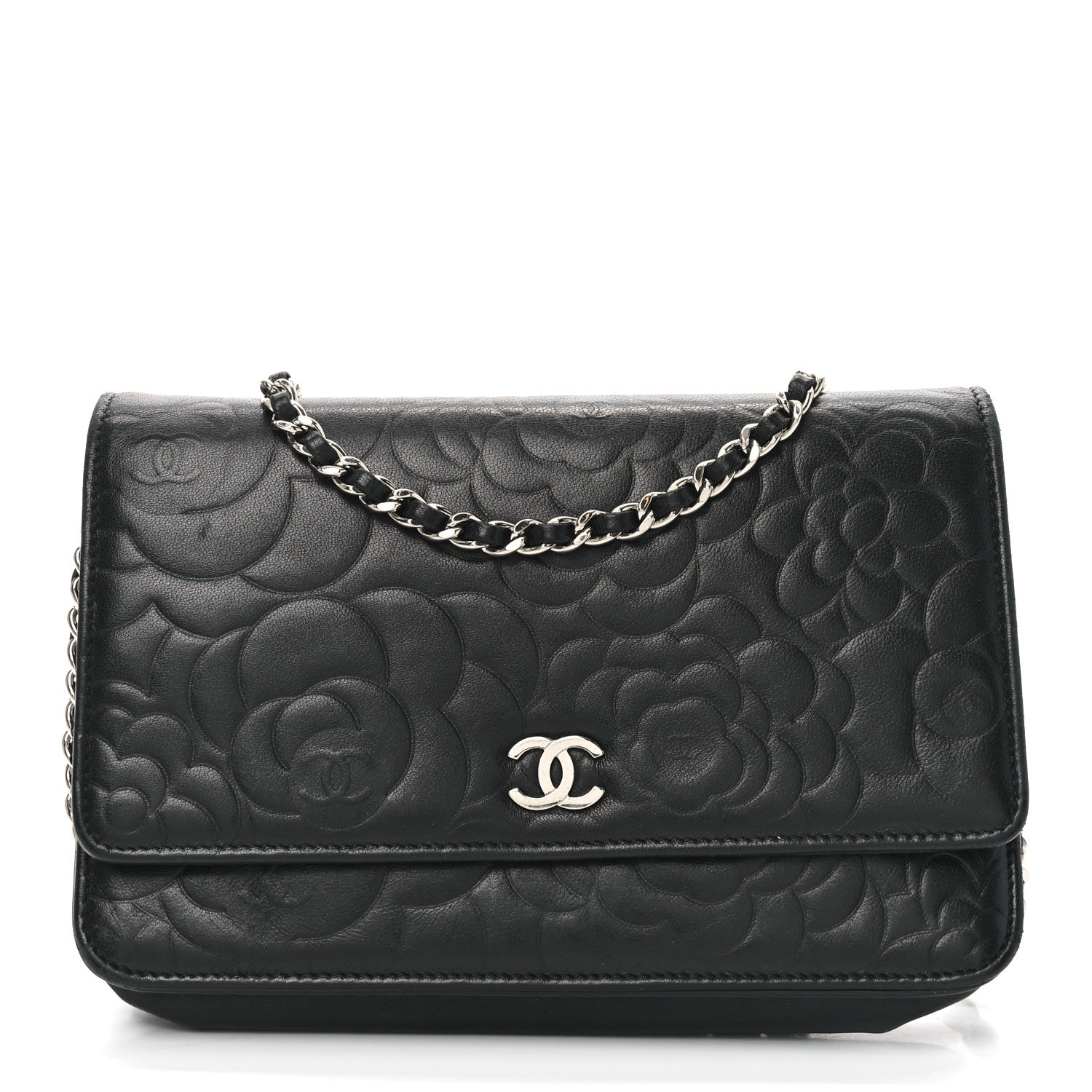 Chanel Lambskin Camellia Embossed Wallet on Chain WOC Black 1 of 11