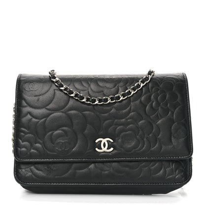Chanel Lambskin Camellia Embossed Wallet on Chain WOC Black 1 of 11