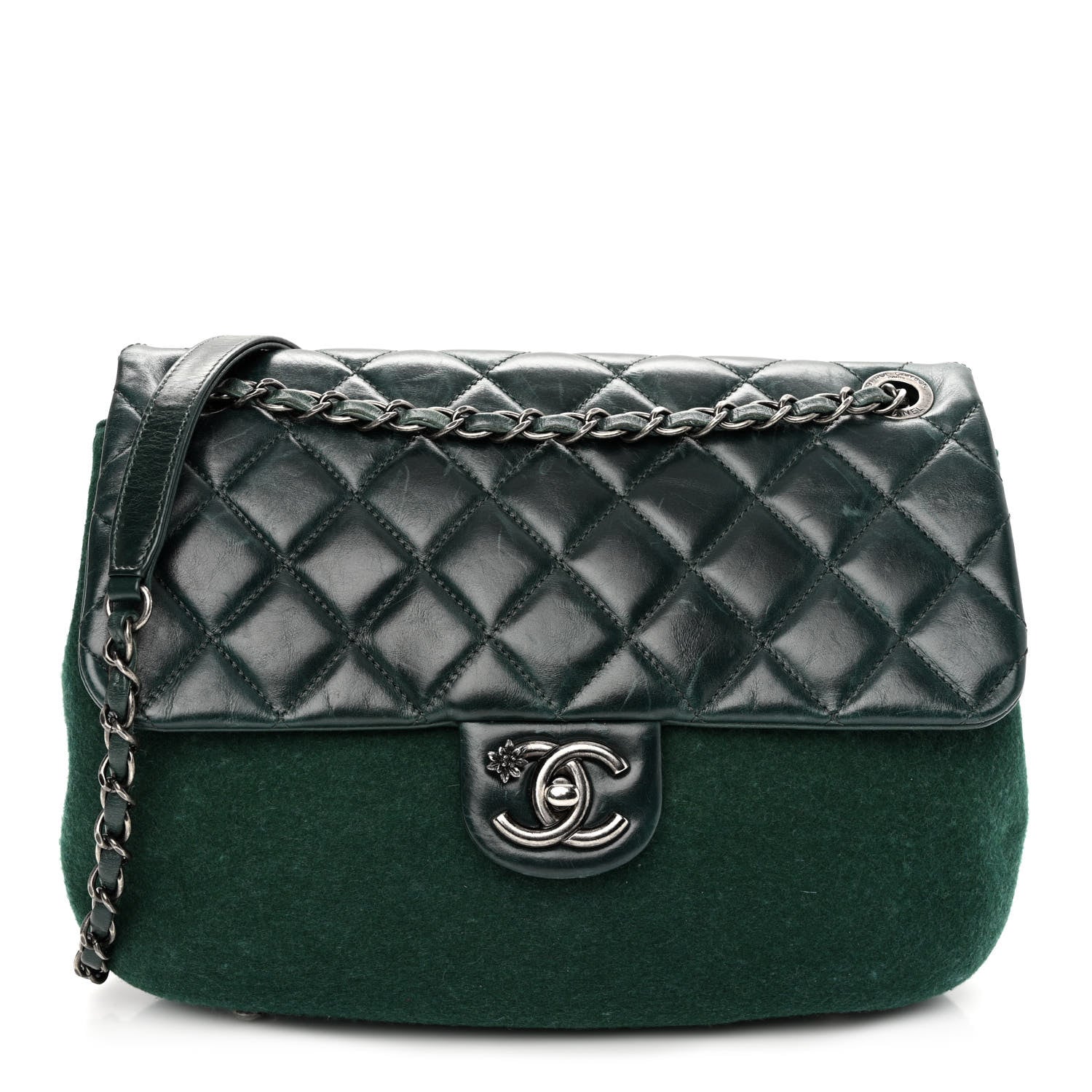 Chanel Felt Glazed Calfskin Quilted Edelweiss Flower Flap Dark Green 1 of 11