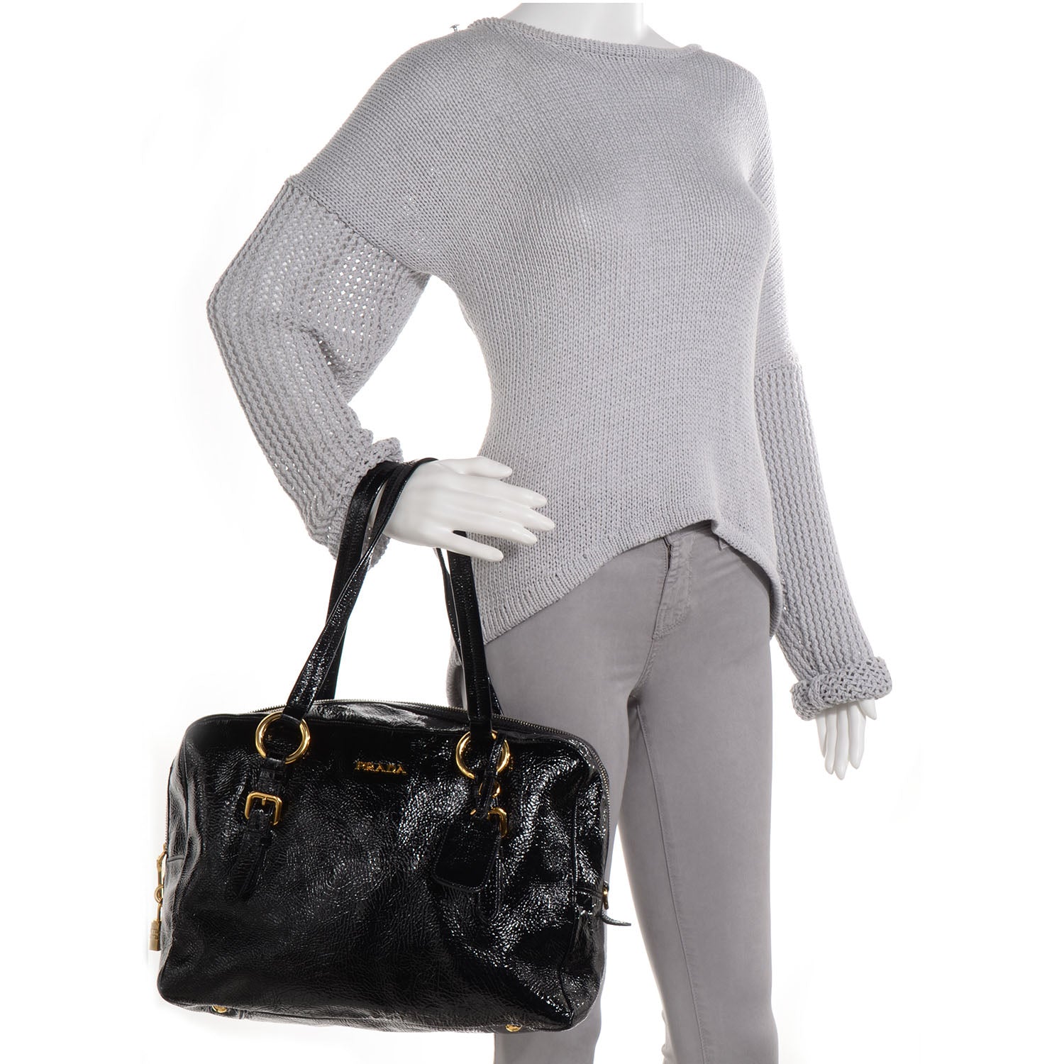 Prada Vernice Naplak Zipper Bowler Tote Black 2 of 11