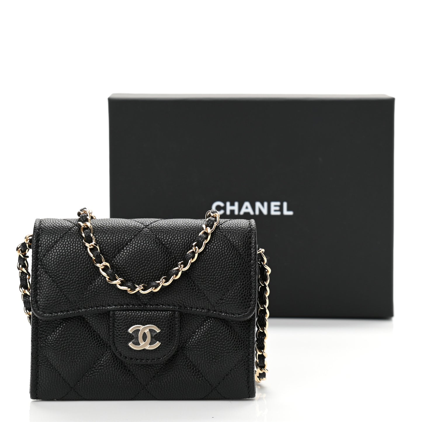 Caviar Quilted Flap Card Holder On Chain Black