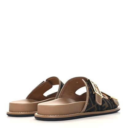 Fendi Fabric Jacquard Nappa FF Womens Fendi Feel Buckled Slide Sandals 40 Tobacco Black Miele Scuro 5 of 10