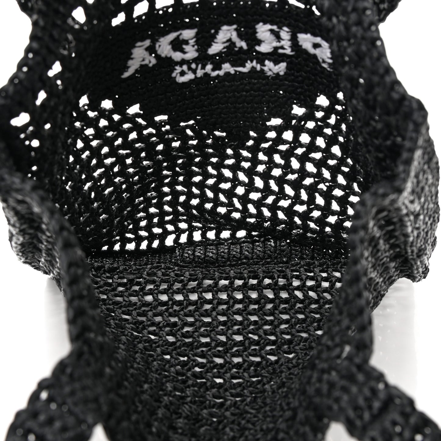 Yarn Raffia Effect Crochet Logo Embroidered Tote Bag Black