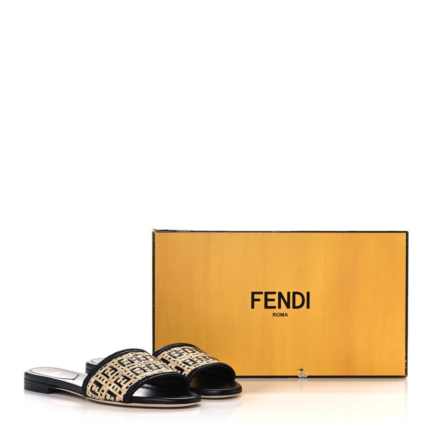 Raffia FF Flat Slide Sandals 36 Natural Black