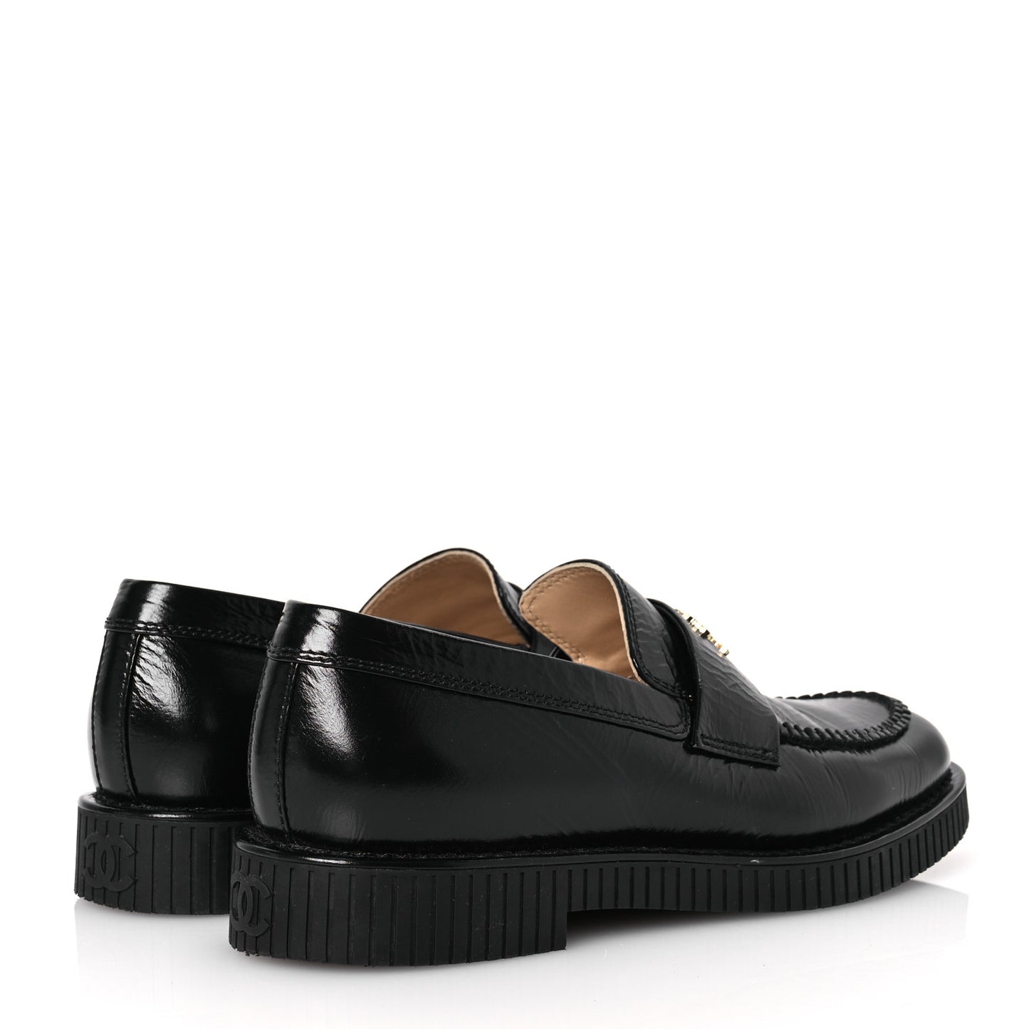 Shiny Crumpled Calfskin CC Mocassin Loafers 39 Black