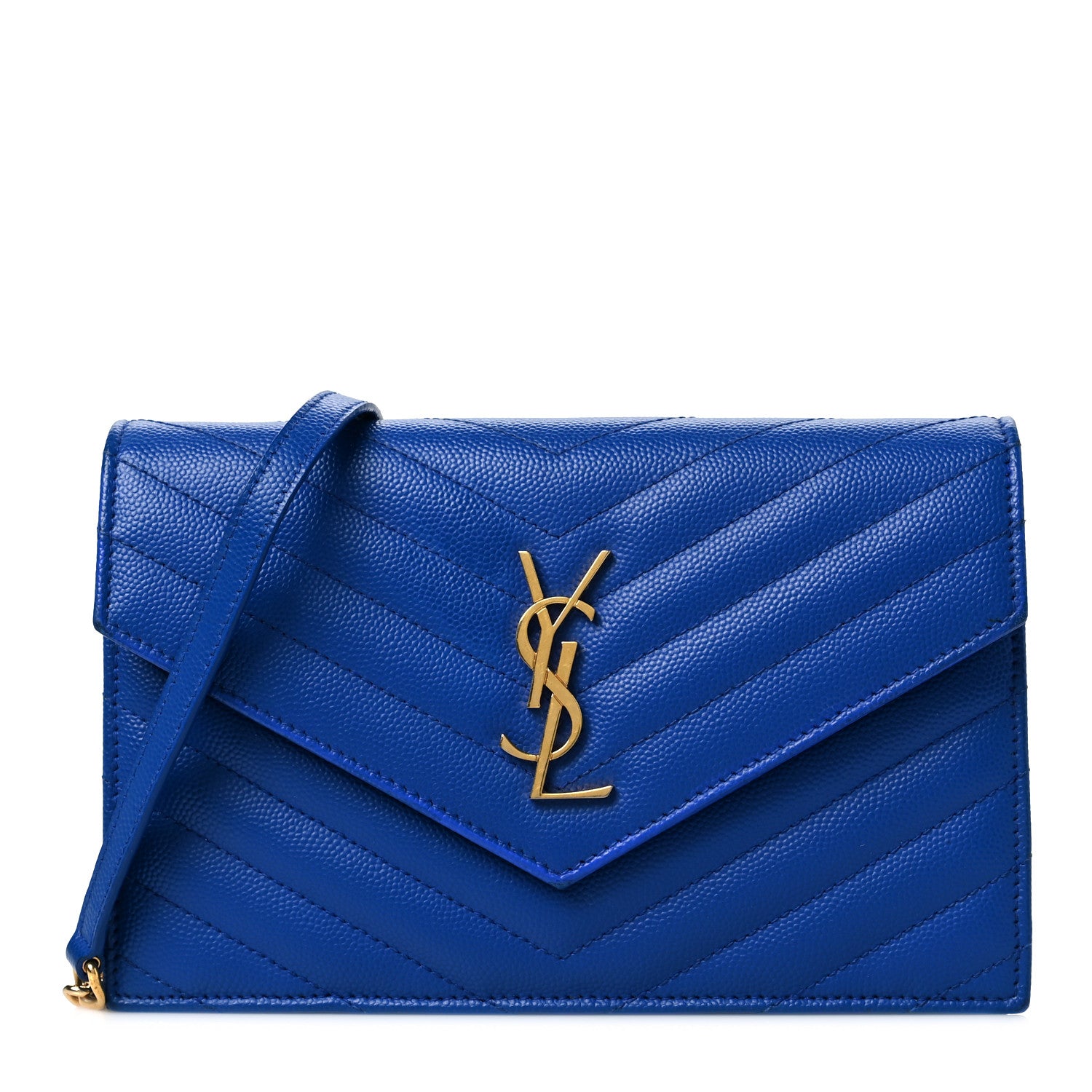 Saint Laurent Grain De Poudre Matelasse Chevron Monogram Envelope Chain Wallet Blue Majorelle 1 of 7