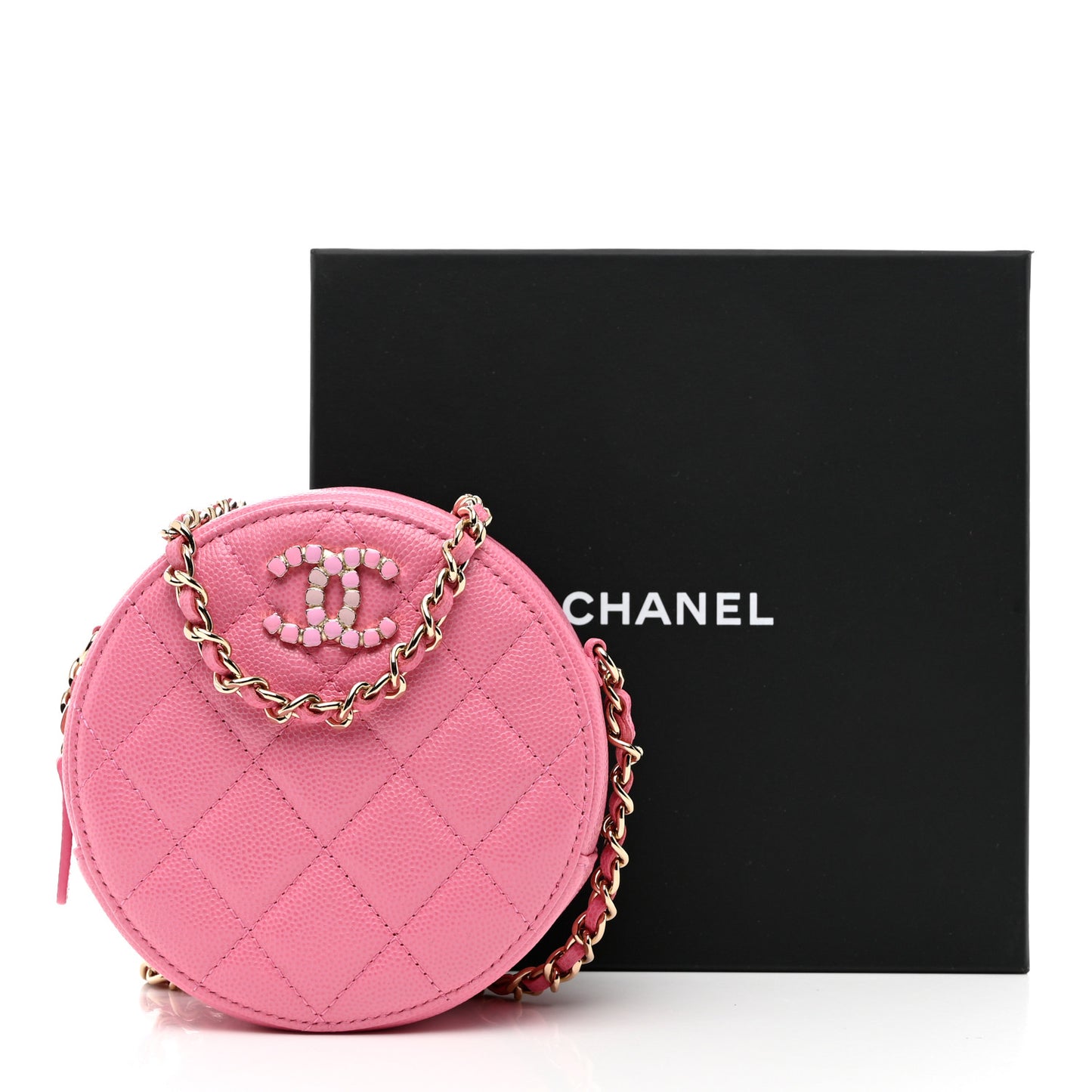Caviar Quilted Crystal CC Round Clutch With Chain Pink