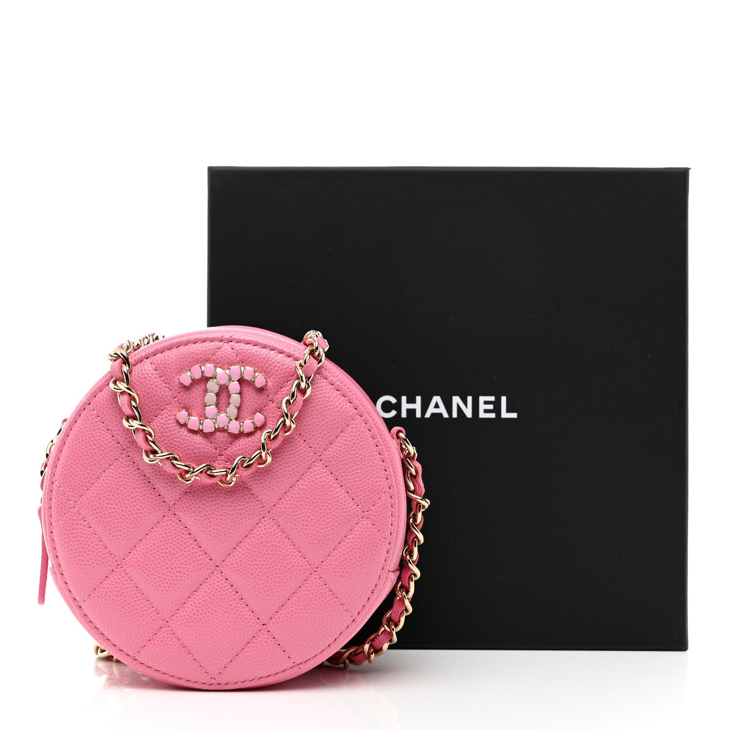 Chanel Caviar Quilted Crystal CC Round Clutch With Chain Pink 9 of 9