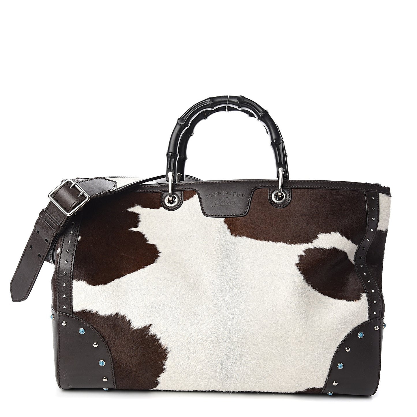 Calf Hair Bamboo Top Handle Shopper Bag Brown White