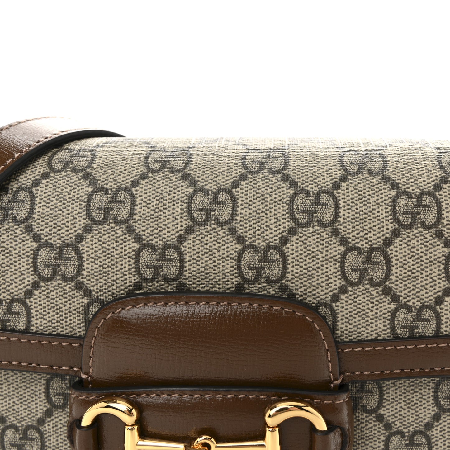 GG Supreme Monogram Azalea Calfskin Web Mini Horsebit 1955 Shoulder Bag Beige Ebony Brown Sugar