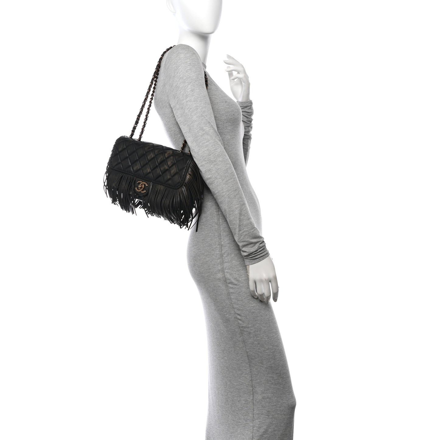 Metallic Calfskin Quilted Large Into The Fringe Flap Black
