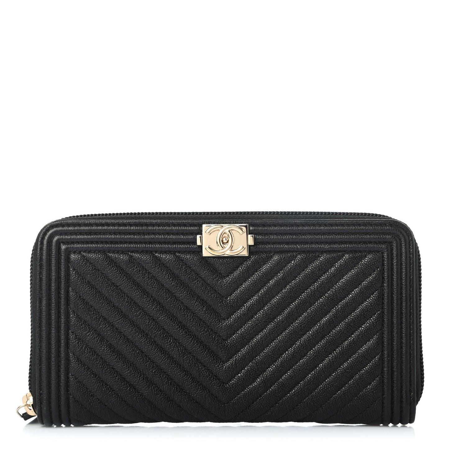 Caviar Chevron Quilted Zip Around Boy Wallet Black
