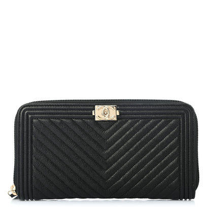 Chanel Caviar Chevron Quilted Zip Around Boy Wallet Black 1 of 8