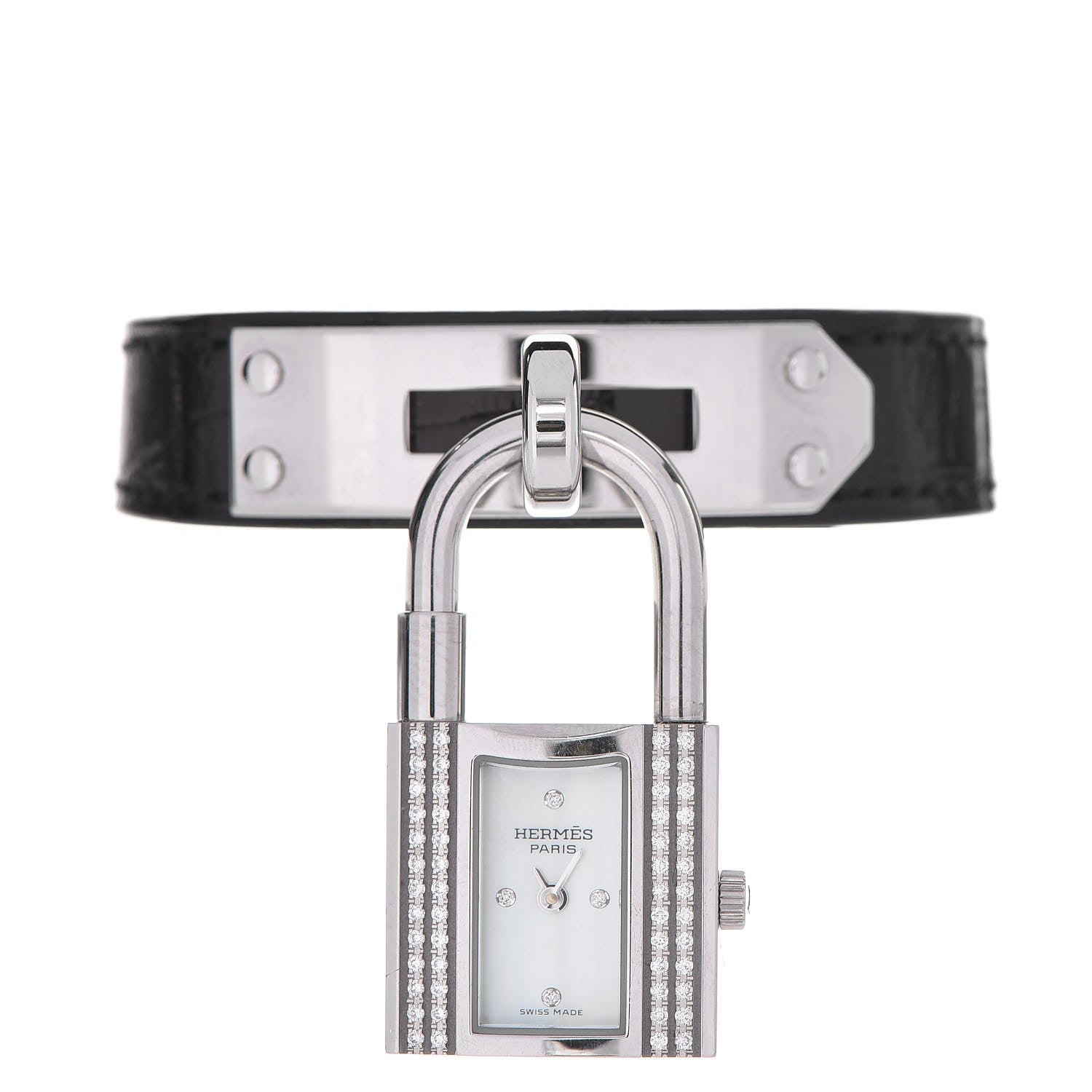 Hermes Stainless Steel Alligator Diamond Mother of Pearl 20mm Kelly Cadena Quartz Watch Noir 1 of 12